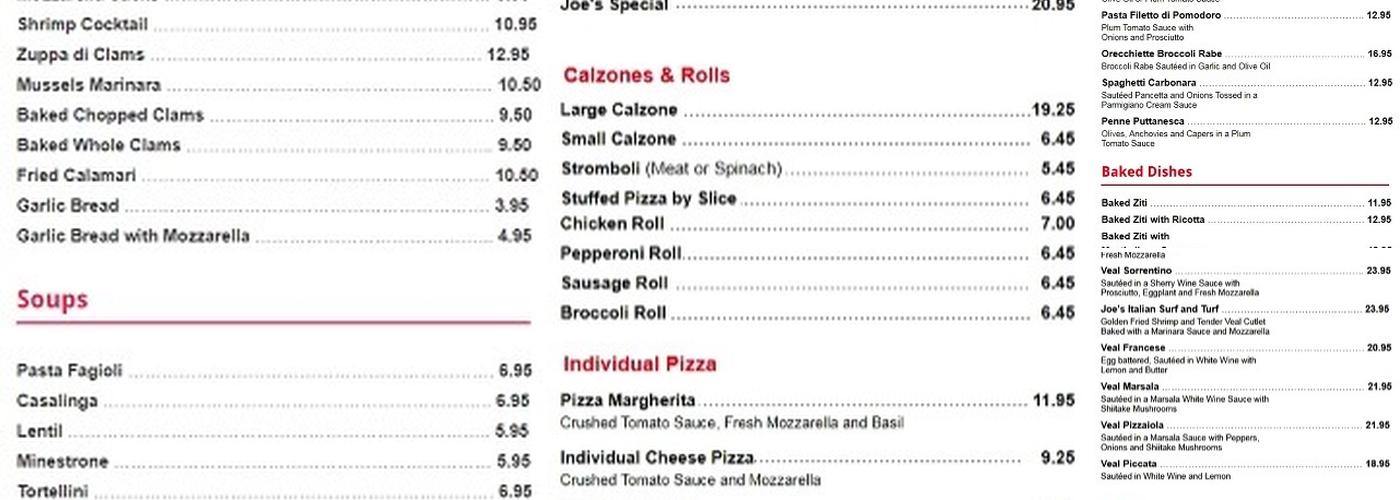 Joe's Pasta & Pizza of Bay Shore Menu