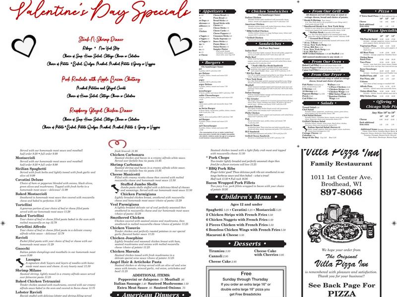 Villa Pizza Menu