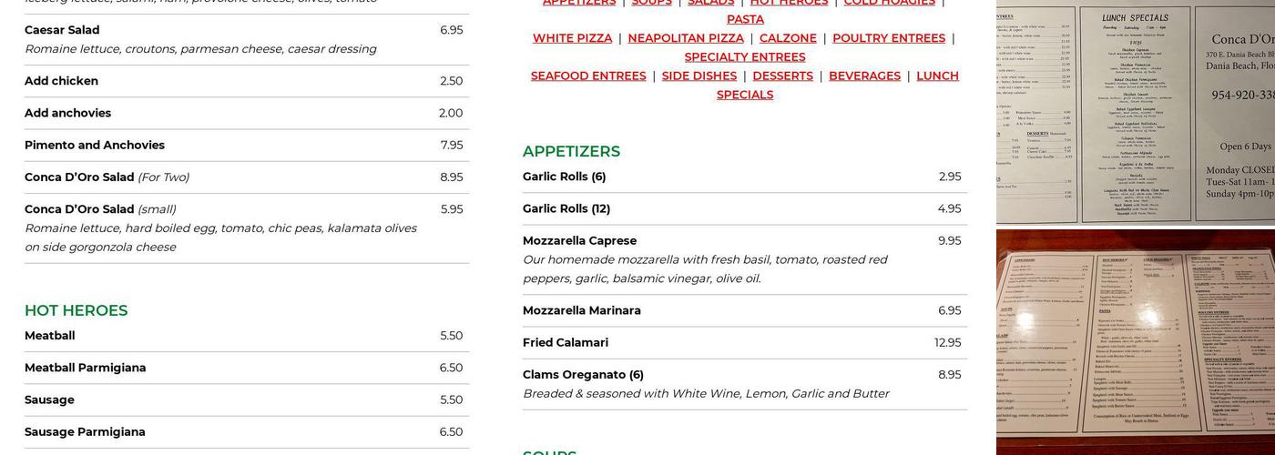 Conca D'Oro Pizza & Pasta Menu