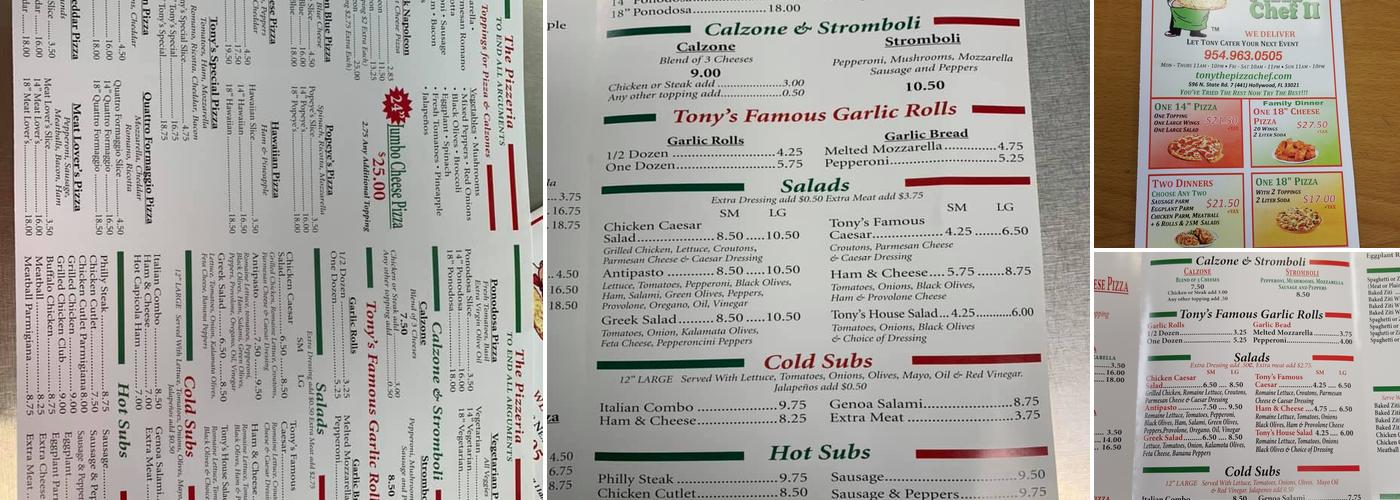 Tony the Pizza Chef II Menu