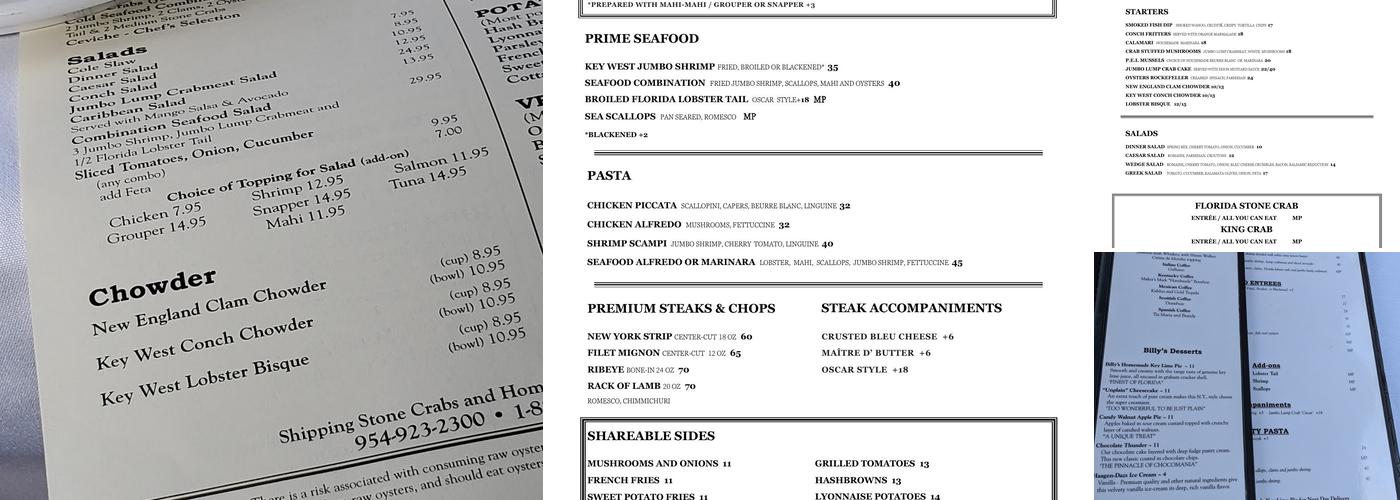 Billy's Stone Crab Restaurant Menu