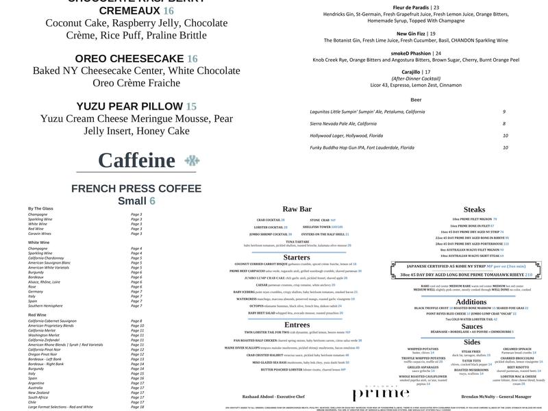 Diplomat Prime Steak & Seafood Menu