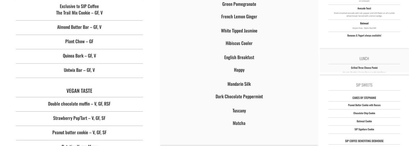 SIP coffee Menu