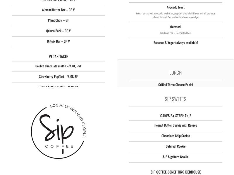 SIP coffee Menu