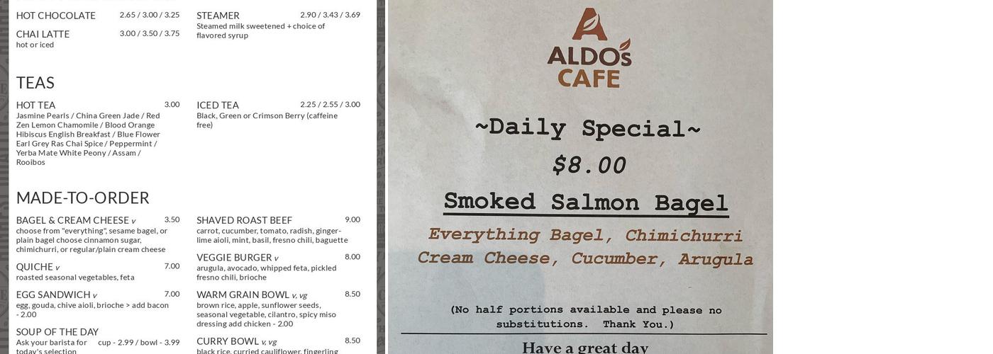 Aldo's Cafe Menu