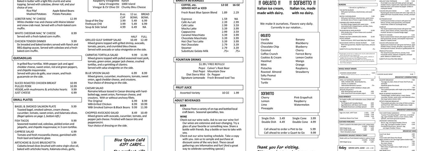 Blue Spoon Cafe Menu