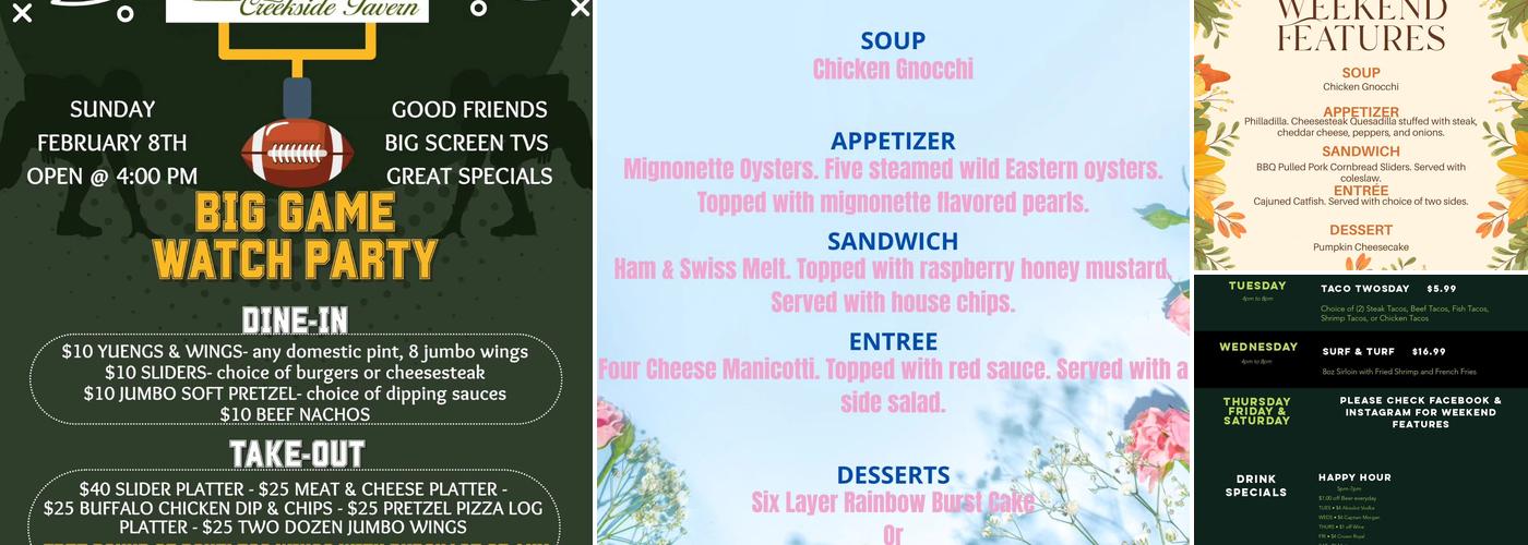 Cora's Creekside Tavern Menu