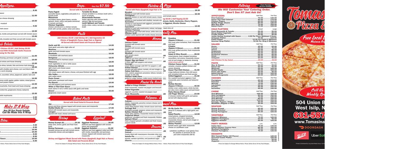 Tomasina’s Pizza and Pasta Menu