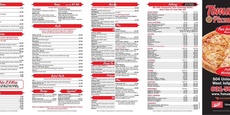 Tomasina’s Pizza and Pasta Menu