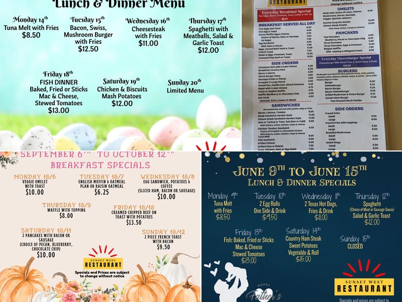 Sunset West Restaurant Menu