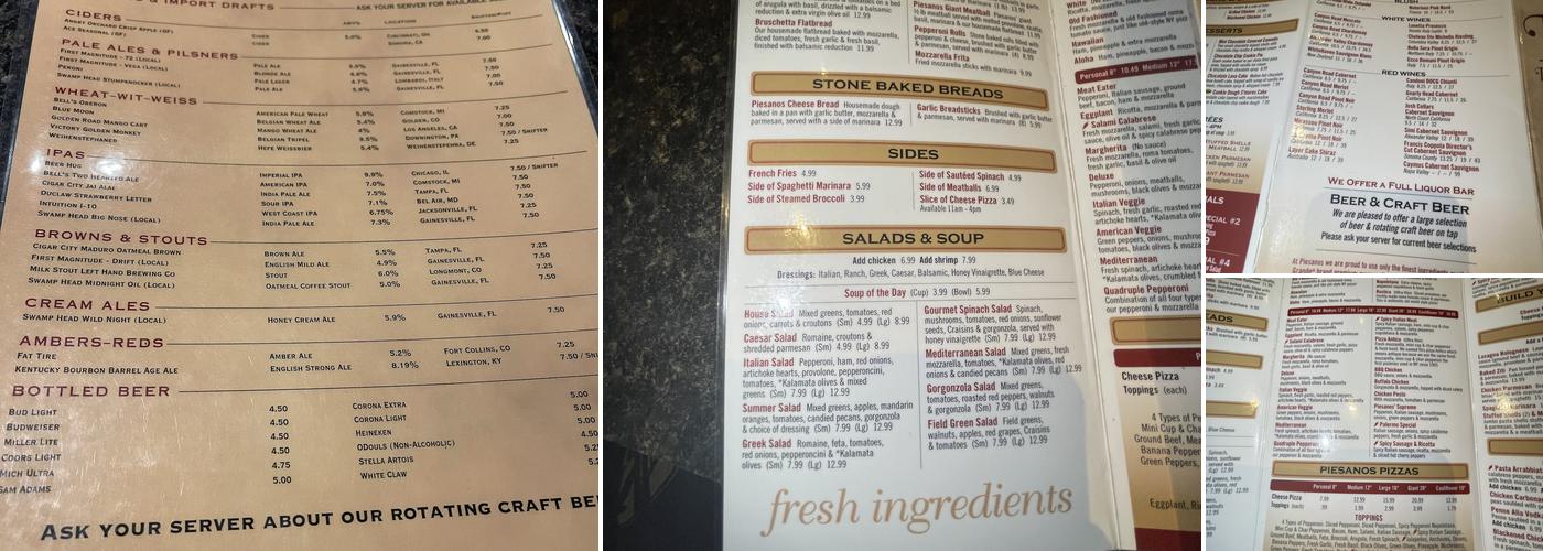 Piesanos Stone Fired Pizza Menu