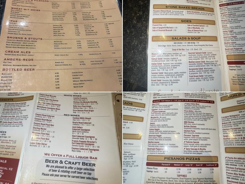 Piesanos Stone Fired Pizza Menu