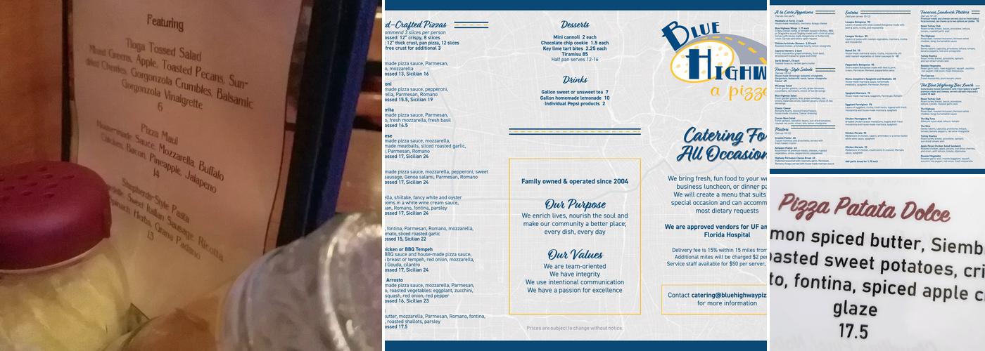 Blue Highway a Pizzeria Menu