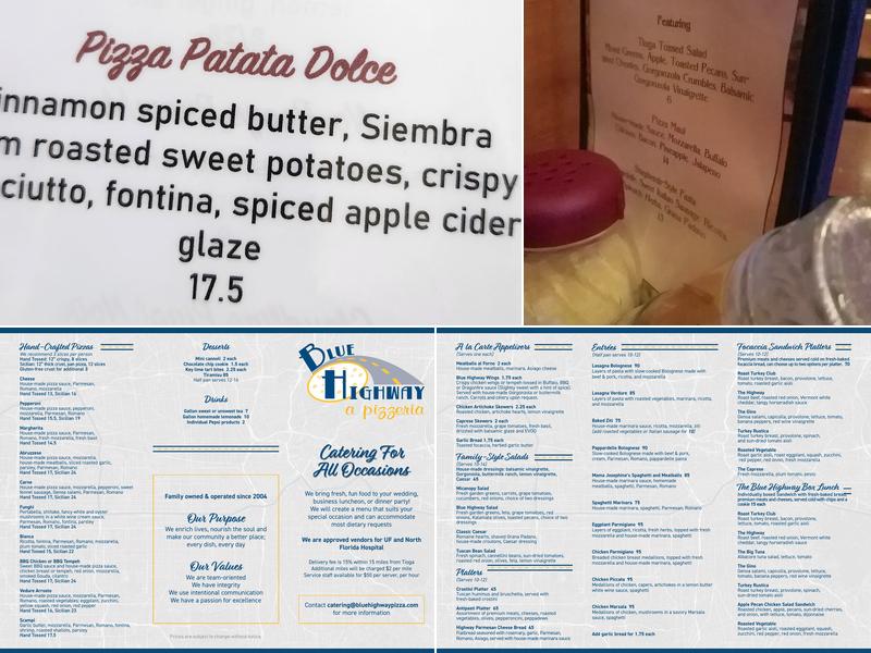 Blue Highway a Pizzeria Menu