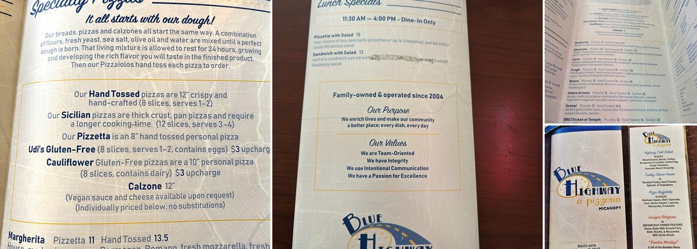 Blue Highway a Pizzeria Menu