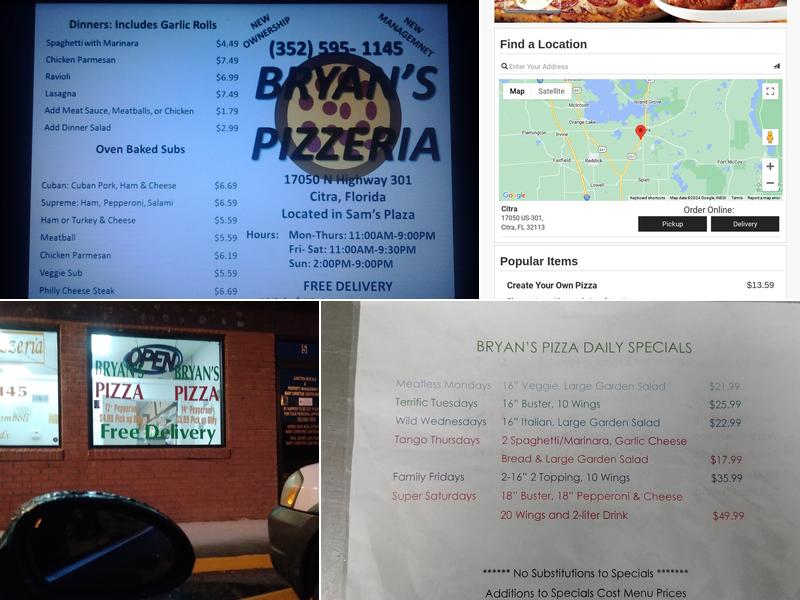 Bryan's Pizza Menu