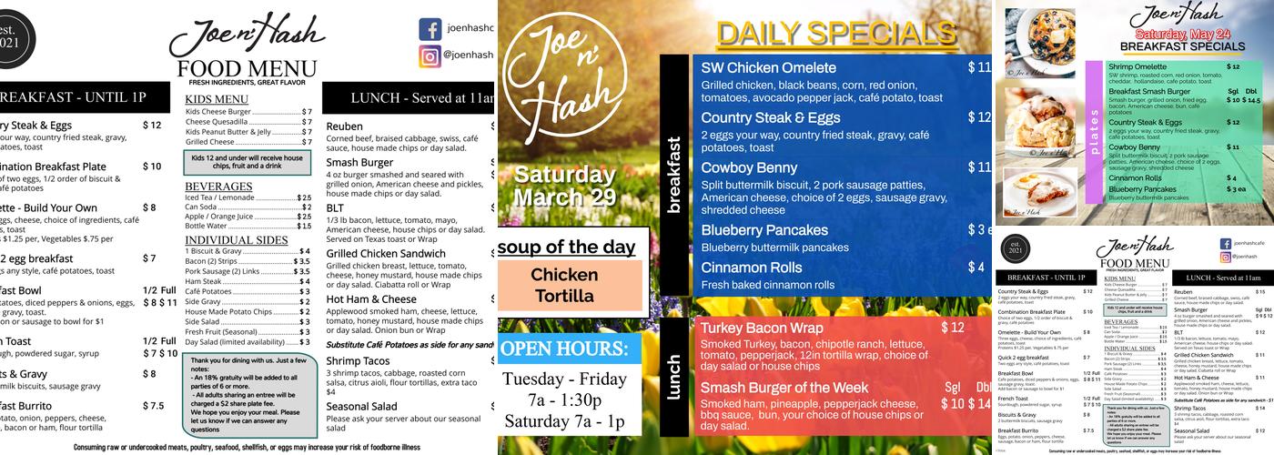 Joe n Hash Coffee & Café Menu