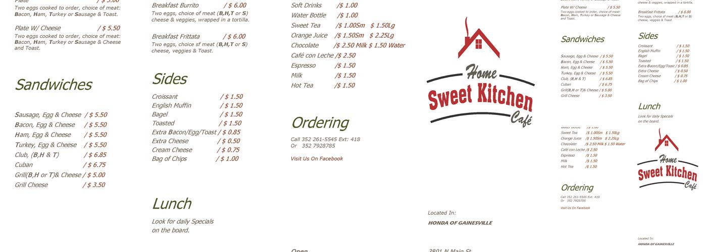 Home Sweet Kitchen Cafe Menu