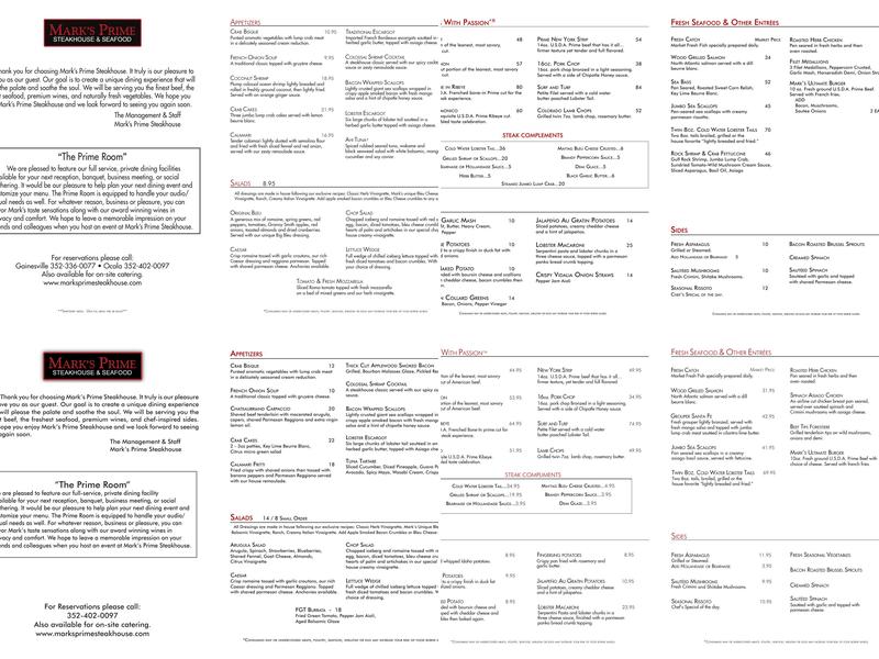 Mark's Prime Steakhouse Menu