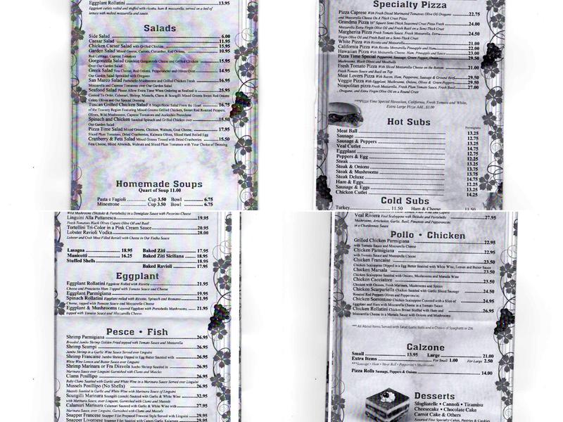 Pizza Time Italian Restaurant Menu