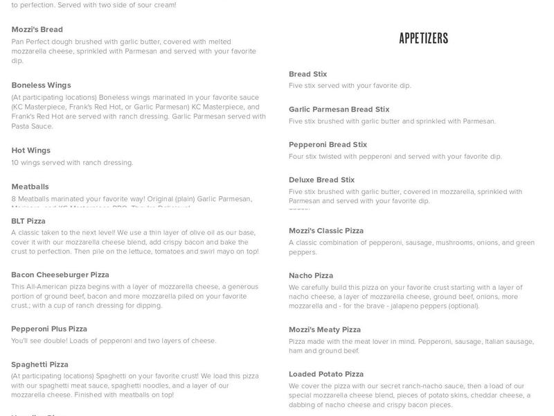 Mozzi's Pizza Menu