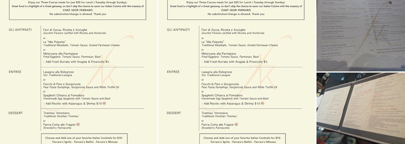 Ferraro's Kitchen Restaurant and Wine Bar Menu