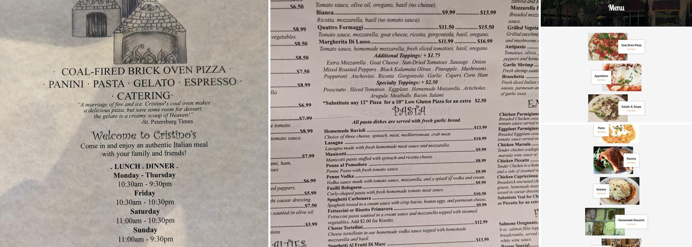 Cristino's Coal Oven Pizza Menu