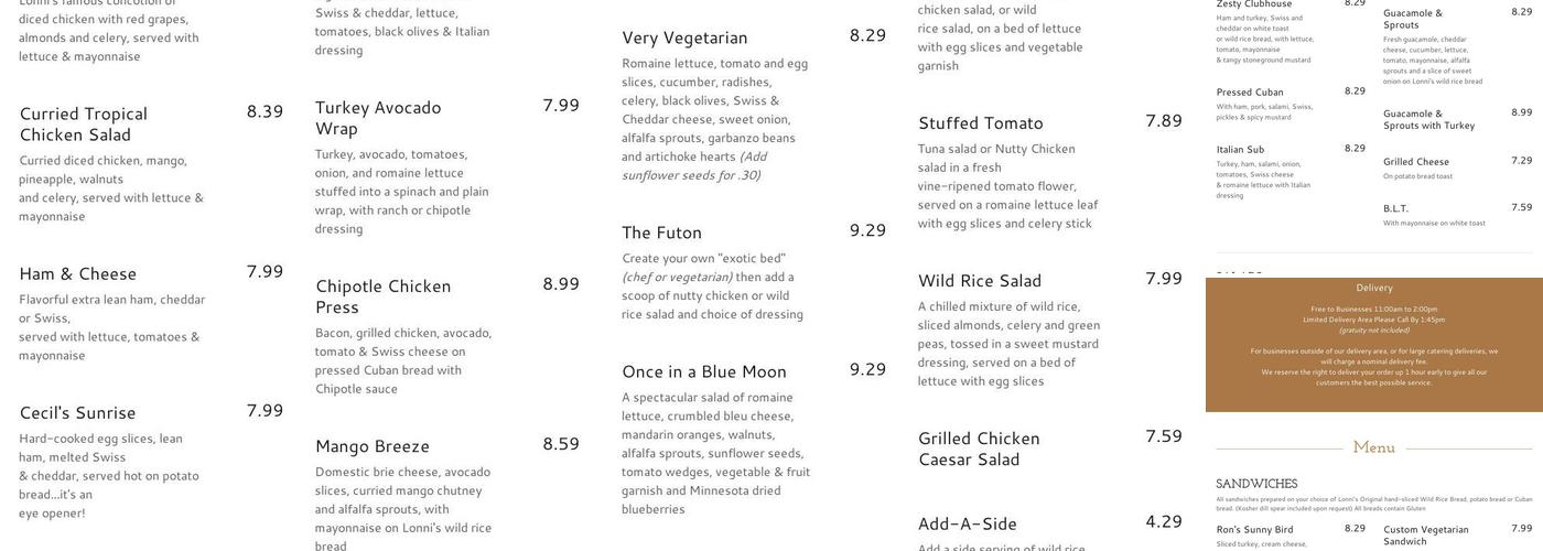 Lonni's sandwiches, etc. Menu