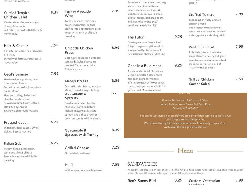 Lonni's sandwiches, etc. Menu