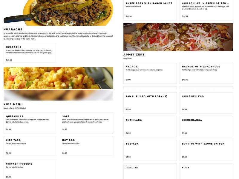 Huarache Azteca Menu