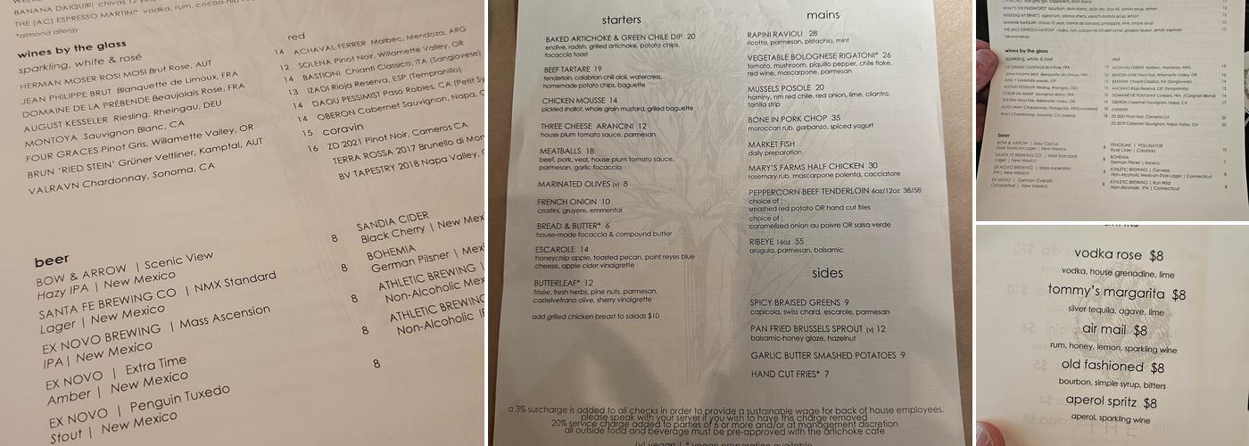 The Artichoke Cafe Menu
