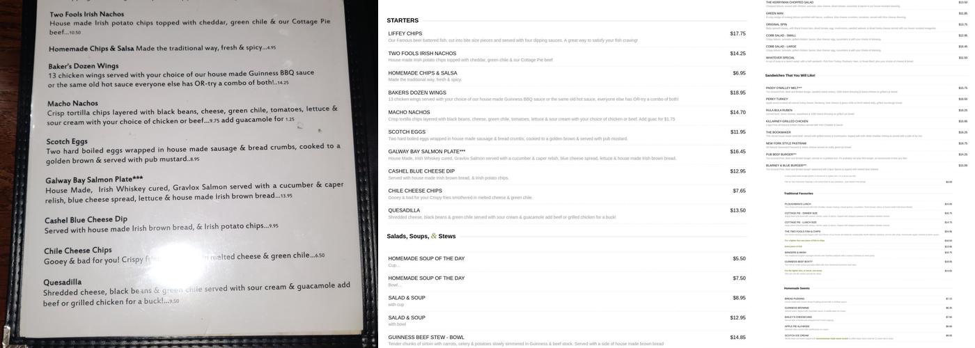 Two Fools Tavern Menu