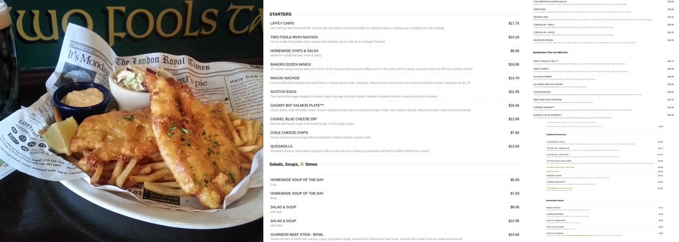 Two Fools Tavern Menu