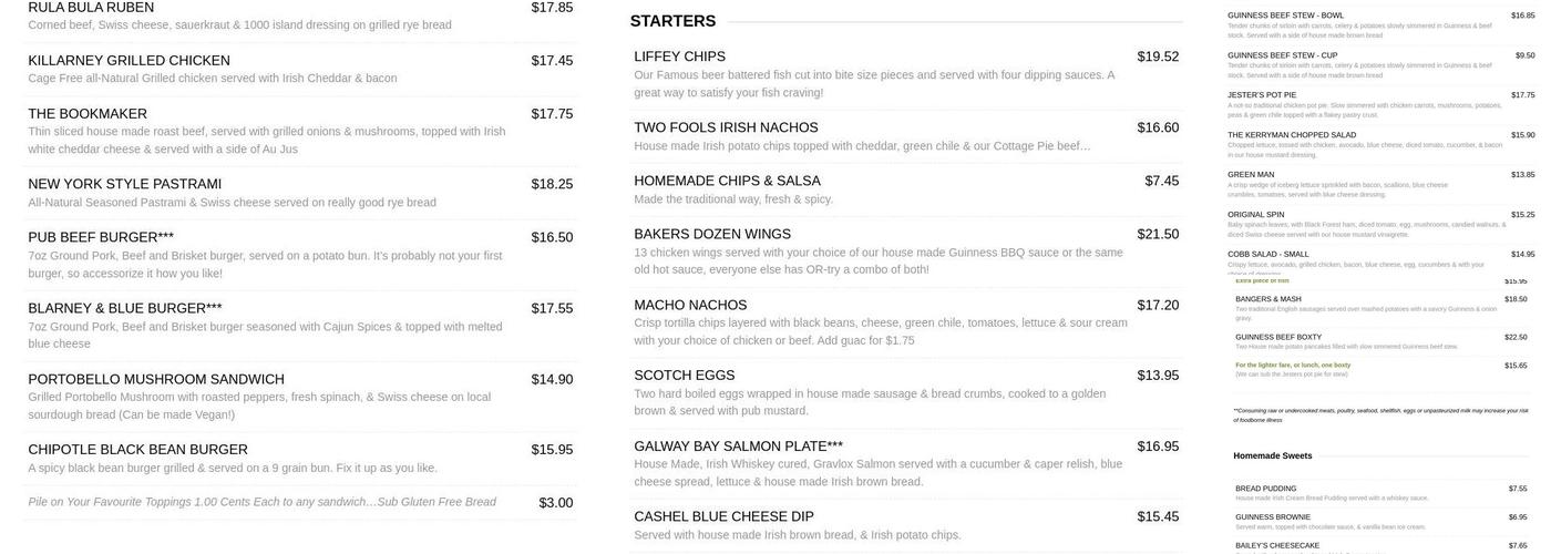 Two Fools Tavern Menu