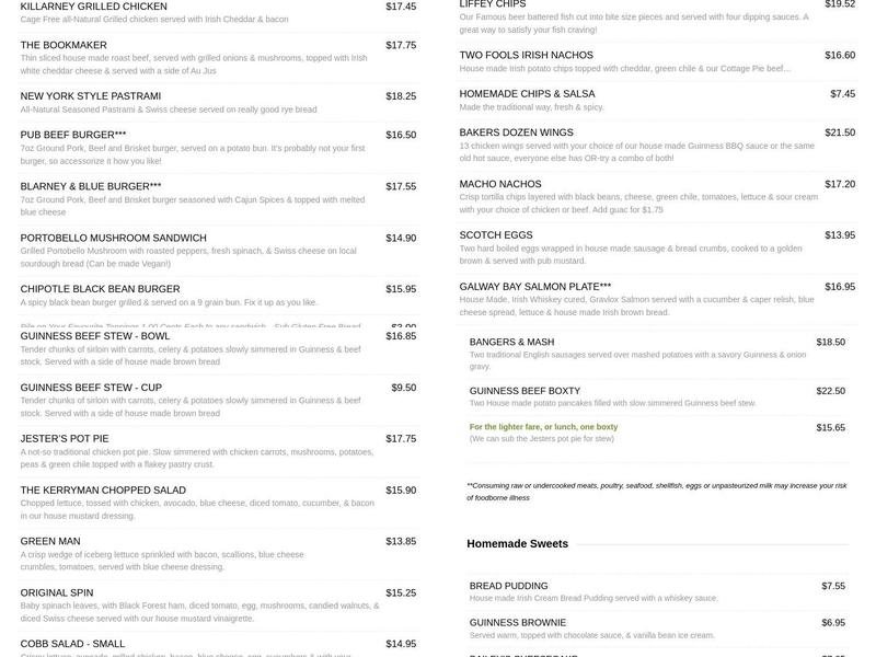 Two Fools Tavern Menu