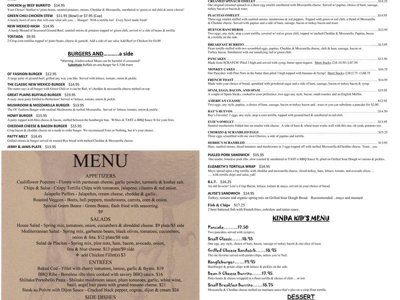 Placitas Cafe Menu