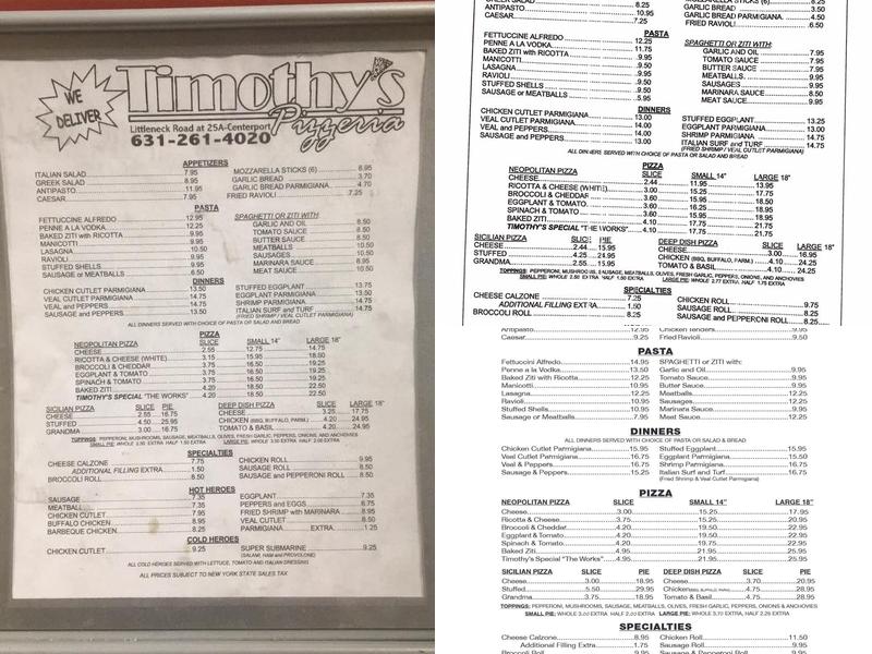 Timothy's Pizza Kitchen Menu