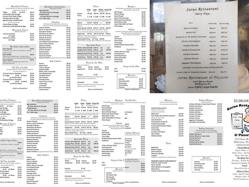 Sarno Restaurant & Pizzeria Menu