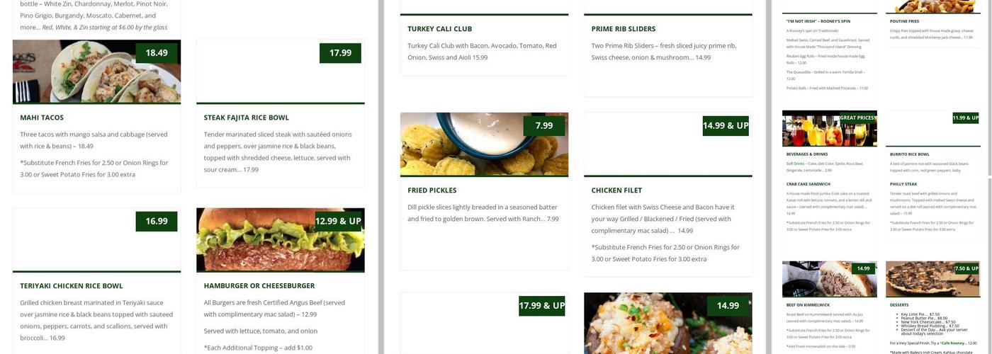 Rooney's Menu