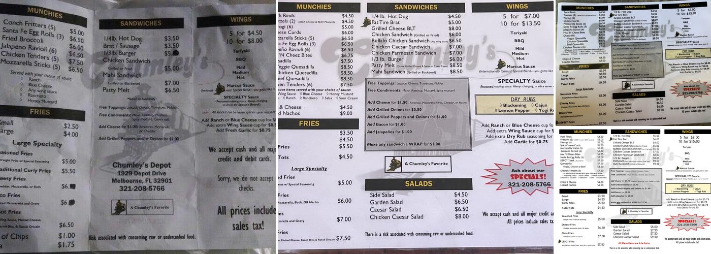 Chumley's Depot Menu