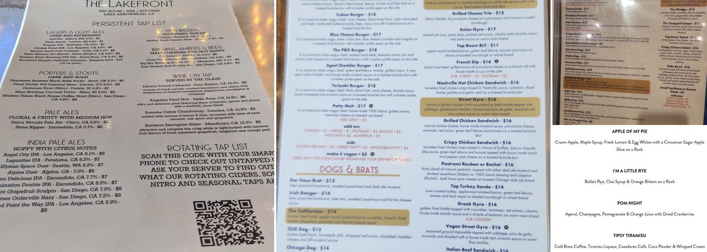 The Lakefront Tap Room Bar and Kitchen Menu
