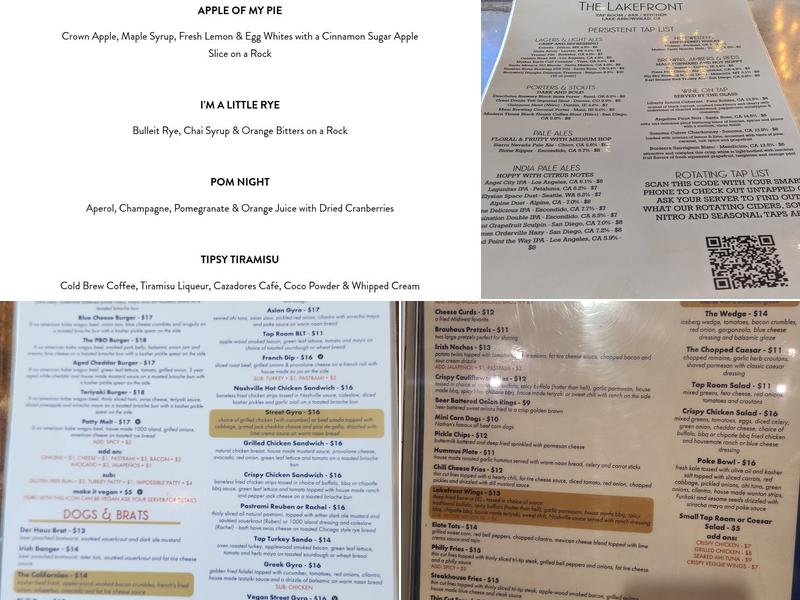 The Lakefront Tap Room Bar and Kitchen Menu