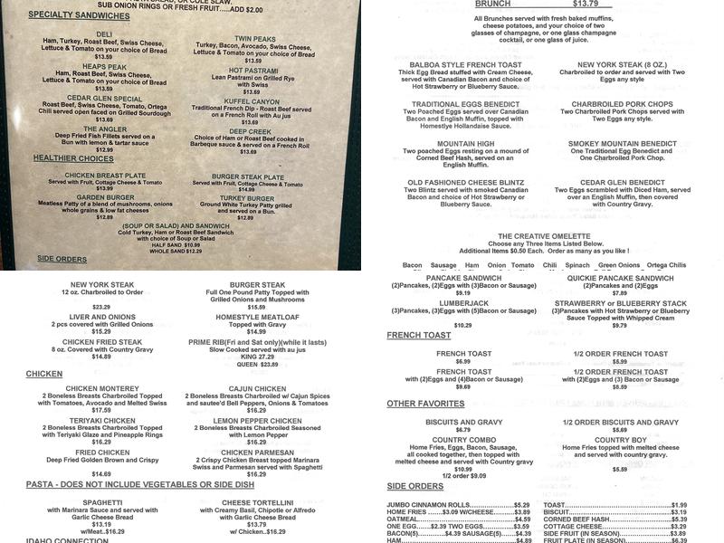 The Cedar Glen Inn Menu