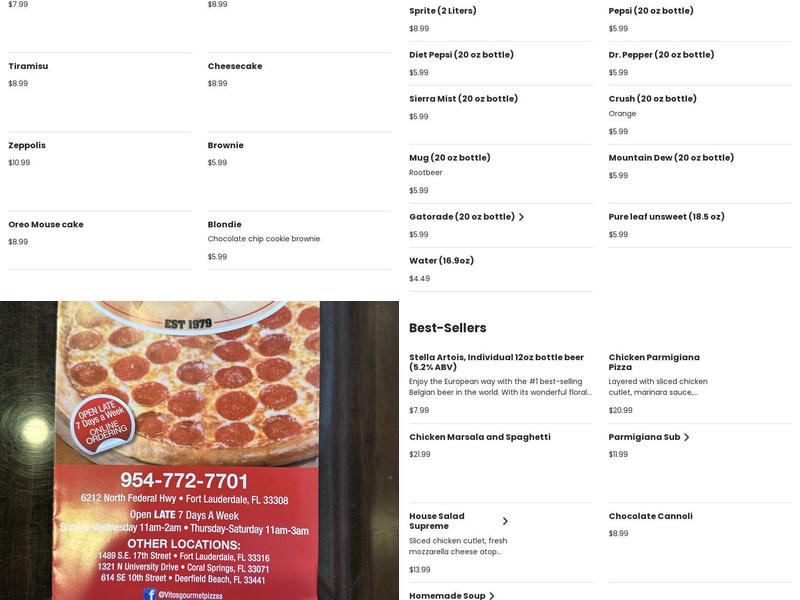 Vito's Gourmet Pizza Menu