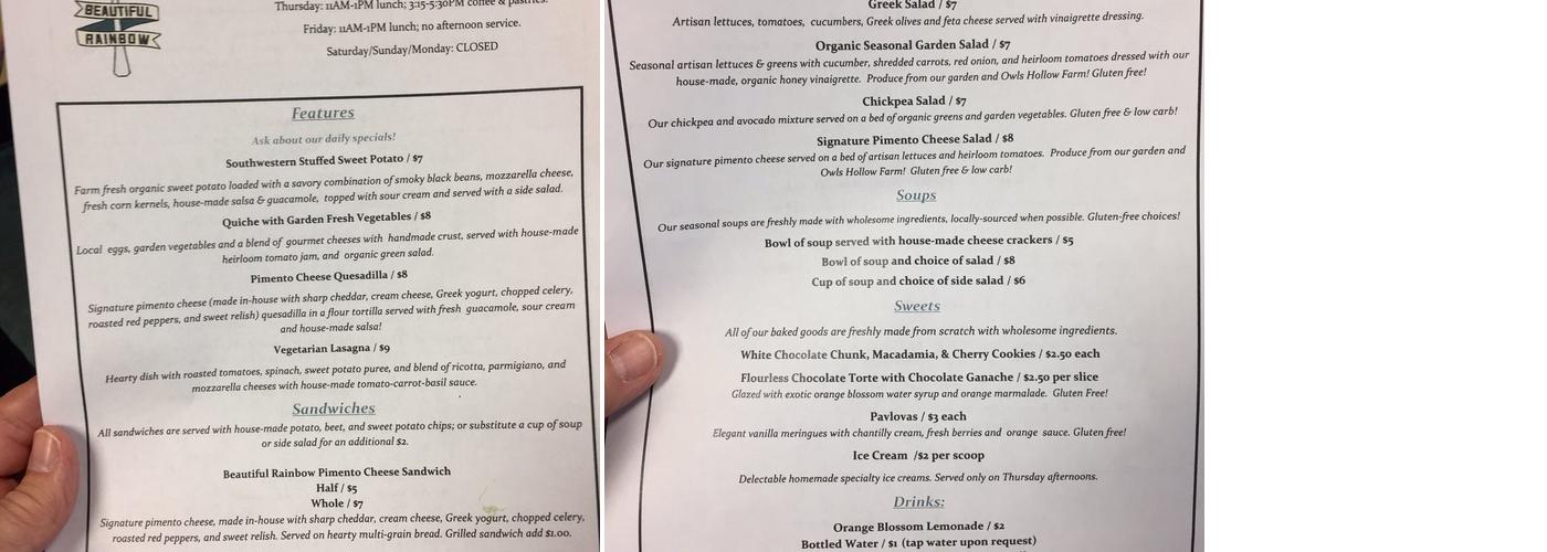 Beautiful Rainbow Cafe Menu