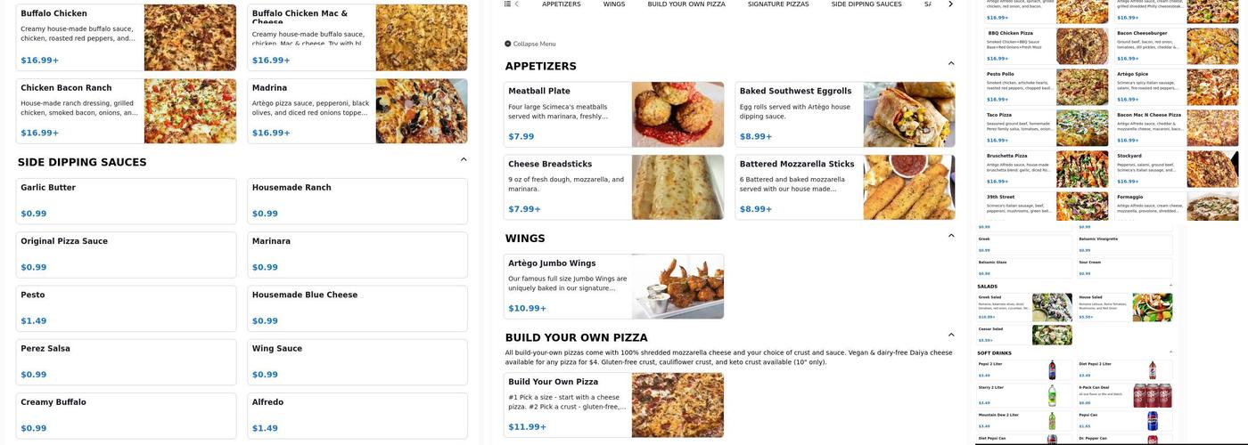 Artego Pizza Menu