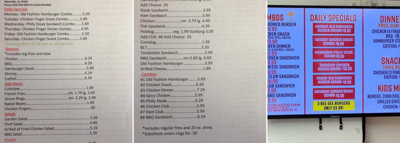 Bee-Gee's Menu
