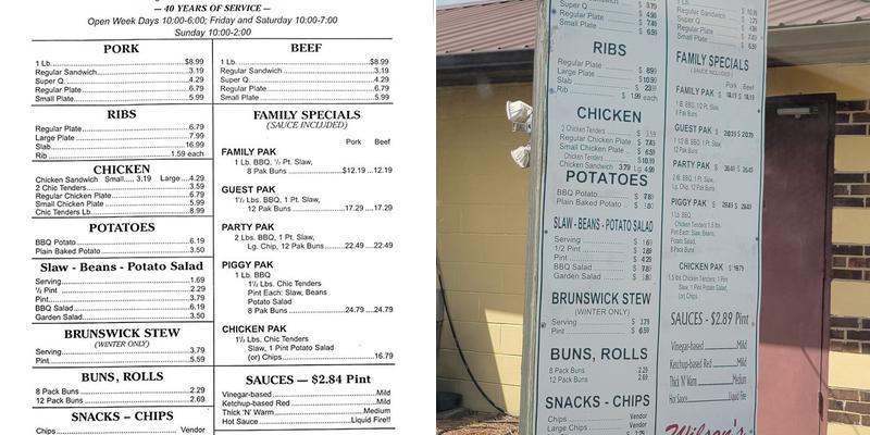 Wilson's Barbeque Menu