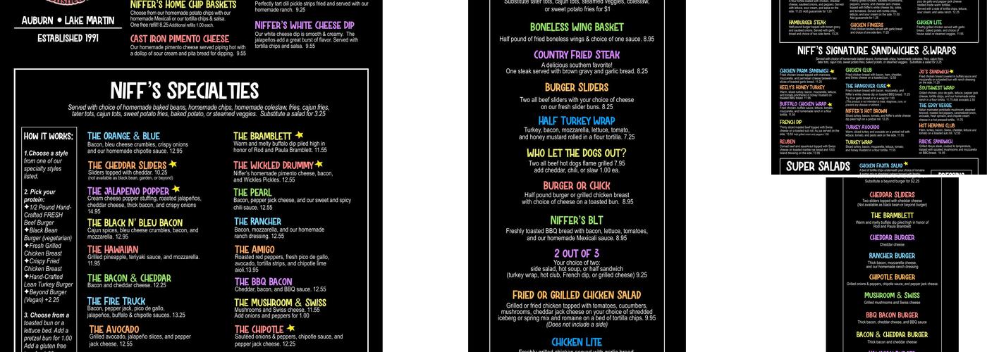 Niffer's Place Lake Martin Menu