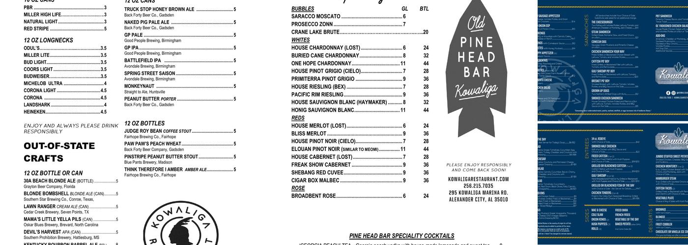 Kowaliga Restaurant Menu